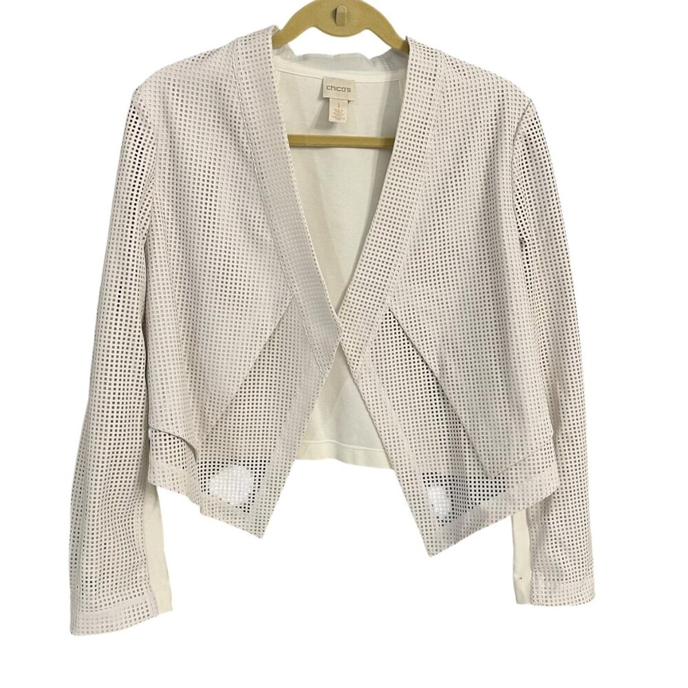 Chicos Medium (Sz 1) White Perforated Faux Leather Open Front Moto Jacket
